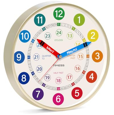 Silent 10 Wall Clock, Battery-Operated Learning to Tell Time Analog Clock , Colorful Time Teaching Home school Supplies, Non-Ticking Quartz Movement for Classroom Bedroom (Battery Not Included)