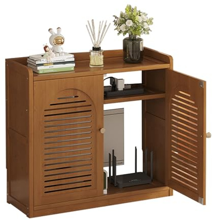 LEMYAHCH Caja Organizadora de Router y Cables, Armario de Router de Bambú con Puerta, Estante de Almacenamiento para Enrutador WiFi y Decodificador TV, Ideal para Casa y Oficina(Color:Marrón)