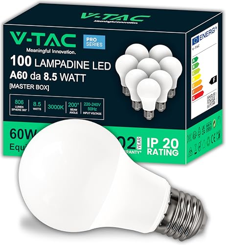 V-TAC 100 Lampadine LED E27 da 8,5W - [ ALTISSIMA EFFICIENZA ] - 100 PEZZI - A60 - (Equivalenti a 60W) - Lampadine di Nuova Generazione a Risparmio Energetico - 806 Lumen - Luce Calda 3000K