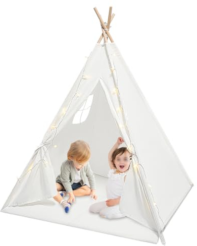 Tipi Zelt für Kinder Indoor 120x120x140cm Weiß Spielzelt mit LED Lichterkette und Matte für Mädchen Jungen 1-12 Jahre Spielhaus Kuschelecke Tippi Zelt Kinderzimmer