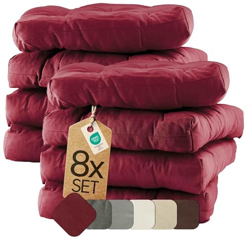 etérea Sitzkissen 42x42 cm 8er Set - Bordeaux 8 cm hoch - Bodenkissen für Indoor, Outdoor, Küche, Garten, Auflage - Heidi Stuhlauflage - 8 Stück Stuhlkissen 40x40 cm Bordeaux