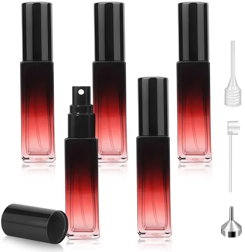 Tarqite 5 Stück Parfümzerstäuber Glas, 10 ml Parfum Zerstäuber Nachfüllbar mit 3 Stück Zubehör, Parfum Flakon Leer, Tragbar Parfüm Sprühflaschen Klein für Reise Männer Frauen (Rot)