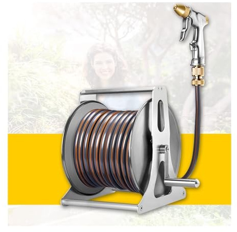 Garden Hose Reel, Stainless Steel Portable Garden Hose Holders for Outside, Wall-Mountable Hose and Reel Combo with High Pressure Gun(98.4ft/30m)