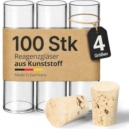 Tuuters 100 Stück Kunststoff Reagenzgläser mit Korken (65 x Ø23mm) Röhrchen | 21ml Füllvolumen, 6,5cm hoch, Mini Reagenzglas, Kunststoffröhrchen mit Kork Verschluss für Geschenke, Blumen, Salz und Samen