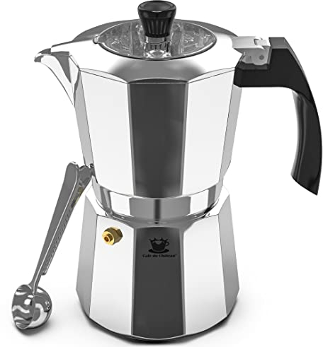 Cafe Du Chateau Espresso Maker - Stovetop Moka Pot, 6 Cup, Transparent Lid, High-Gloss Finish, Induction-Compatible
