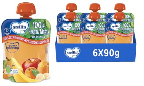 Mellin Merenda, Frutta Mista, Mela, Pera, Banana e Albicocca, 6x90g