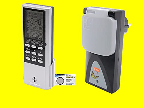 Smart Home Outdoor Set | Timer/Zeitschalter-Fernbedienung + Funk-Zwischenstecker (IP44) für zeitgesteuerte Steckdose ideal im Keller, Garage, Garten und Terrasse (Set mit Timer-FB+Stecker+CR2032)