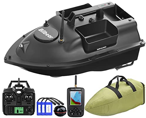 GPS Bateau Amorceur,télécommandé Bateau d'appât,3 trémies Bateau d'appât de pêche,Pêche à la Carpe,Sondeurs LCD avec capteur Sonar,Piles de Rechange,Sac à Main (Bateau Noir avec sondeur)