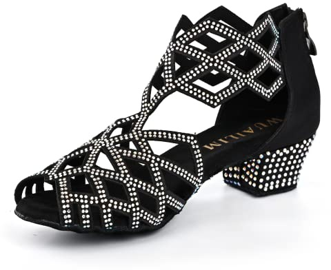 WUAILIM Women's Ballroom Rhinestone Dance Shoes, Latin Salsa Bachata Practice Performance Dancer Shoes(Black,1.5 Inches Heel,Size 8)