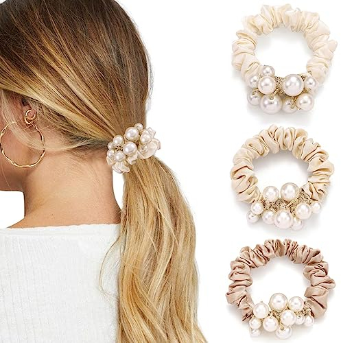 Runmi Perlen-Haargummis, Satin-Haargummis, elastische Haarbänder, Pferdeschwanz-Halter, Haar-Accessoires für Damen und Mädchen (3 Stück)
