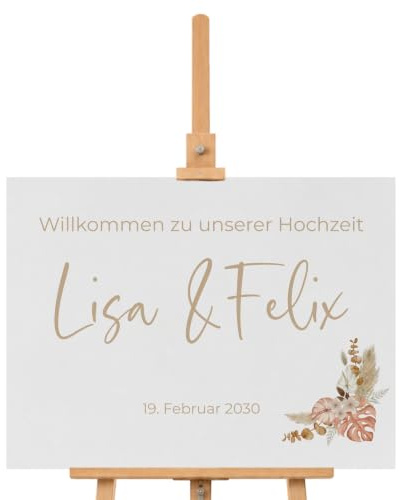 Willkommensschild personalisiert auf Leinwand mit Trockenblumen (60cm x 40cm) Eingang Deko mit Namen und Datum I Türschild Willkommen | Hochzeit, Taufe, Geburtstag