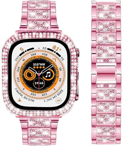 DEALELE Armband kompatibelt med iWatch 40 mm, 44 mm, 41 mm, 45 mm, 49 mm, glitter, strass, diamant, metallarmband med skyddsfodral, ersättning för Apple Watch Series 9/8/7/6/5/4/SE/Ultra, kvinnor och