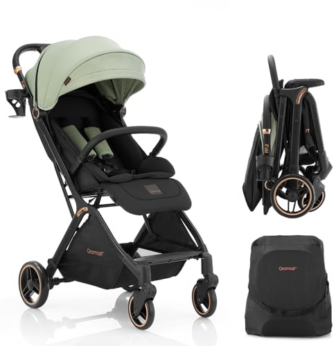 Gromast Gravity Folding Baby Stroller - Portable Travel Toddler Stroller w/Adjustable Backrest, Canopy & Cup Holder, Lightweight and UV Protected, One-Hand Automatic Folding - Green