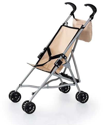 Bayer Design 30575AB Poussette Canne pour poupée avec Sac, Roues Doubles, Ceinture de sécurité, Pliable, en métal, Beige
