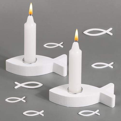 BOFUNX 2pcs Communion Candle Holders for Christening in Wooden Fish Candle Holder Candle Holder+30pcs Confetti Fish Ornaments Decoration Table Baptism Communion Wedding Dinner Party