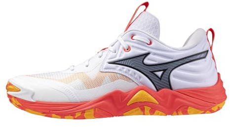 Mizuno Scarpe da pallavolo Wave Momentum 4 Elite unisex per adulti, Corallo bianco ardente, 10.5 Wide Women/9 Men