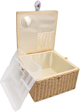 Panier à couture, boîte de rangement, grande capacité, léger, portable, double couche, avec plateau amovible, pour la maison, les voyages, le bureau, en bois et tissu, 1 pièce