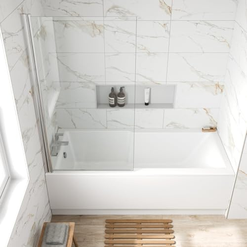 Baystone® 1700 x 750mm Single Ended Straight Shower Bath Tub with Side Panel & Screen White Gloss Acrylic Luxury for Bathroom Alcove Corner Modern