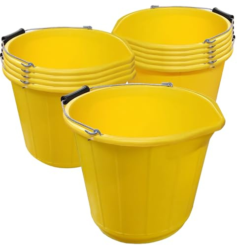 10x Heavy Duty Yellow Plastic Builders Bucket 3 Gallon 14 Litre Water Mixing Storage Strong with Handle and Spout Ideal for Construction Trade, Animal Feed, etc Made in U.K.