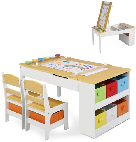 GRAVFORCE Table Enfant 2 chaises, Table Peinture Bricolage Plateau relevable de Tables Jeu Chambre Enfant avec Rangement, gobelets Peinture 8 boîtes Tissu, pour Enfants dès 3 Ans Naturel