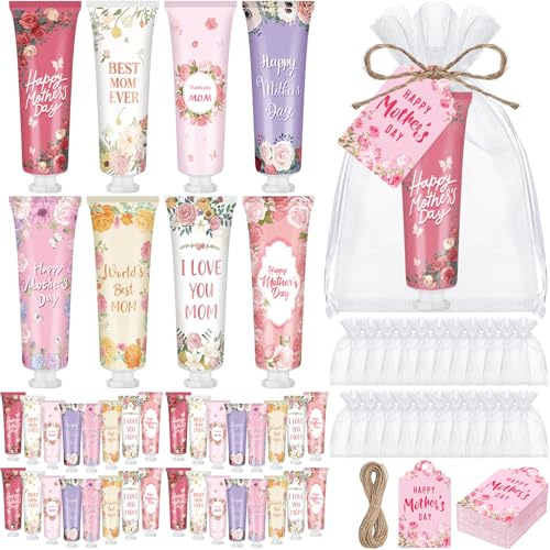 Loopeer 48 Sets Mothers Day Gift Hand Cream Set Bulk, Appreciation & Thank You Mom Gifts with Cards and Organza Bags, Travel Size Lotion for Mom Group Church Women Party Supplies