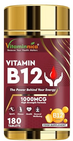 Vitaminnica Vitamin B12-180 Tablets – Energy & Vitality Support, Reduces Tiredness & Fatigue, Supports Nervous System & Red Blood Cell Formation
