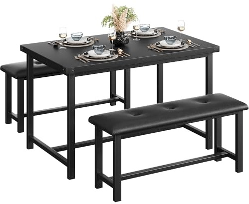 Crevyteg Dining Table Set for 4, Kitchen Table with Benches, Rectangular Dining Room Table Set with 2 Upholstered Benches, 3 Piece Dining Table Set for Small Space, Apartment, Studio, Retro Black