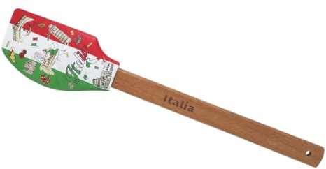 CUCUBA Spatola da Cucina In Silicone Design Artistico Italia Tricolore Monumenti più Importanti e Disegni Pasta Pizza Resistente Antiaderente Manico in Legno Lunghezza 32cm