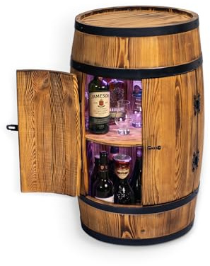 CREATIVE COOPER Fassbar Stehtisch mit Tür und LED RGB - Alkoholschrank Flaschenregal Holz - Holzfass - Fassmöbel - Wineregal - Whiskybar- Weinfass mit Tür - 80 cm (Sonnenverbranntes Eiche)
