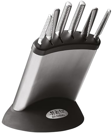 Global 7-Piece Knife Block Set Made in Japan: Premium Japanese Stainless Steel Kitchen Knives G-2 Chef's Knife, Bread Knife, Vegetable Knife, Utility & Paring Knives, G-636/7B