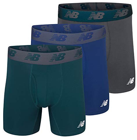 New Balance Men's 6 Boxer Brief Trunk Underpants Fly Front with Pouch, 3-Pack, Techtonic Blue/Deep Jade/Thunder, Large
