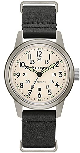 Bulova Men's Military Heritage Hack Stainless Steel 3-Hand Automatic Watch, NATO Leather Strap, Luminous Hands and Markers, Black Leather/Ivory Dial