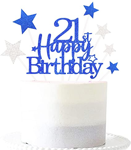 Pargleev Royal Blue 21st Birthday Cake Topper with Glittery Stars | 7-piece Royal Blue 21st set: 1 glittery 'Happy Birthday' topper + 6 star cupcake toppers; just place on the cake