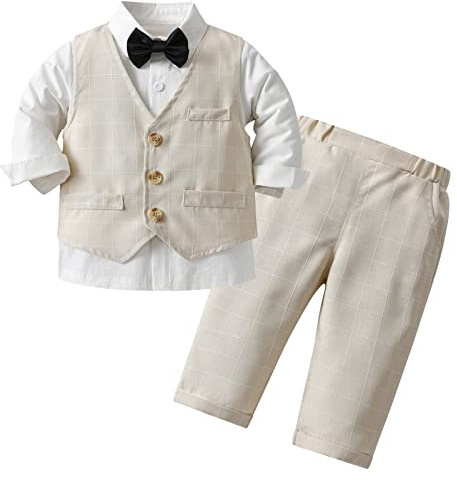 AIEOE 3 STÜCKE Neugeborenes Baby Taufanzug Hemd Jacke Hose Fliege Mit Langen Ärmeln Geeignet von 1-2 Jahren Beige