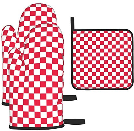 Lot de 3 maniques et maniques à carreaux rouges imprimés carrés blancs, résistants à la chaleur, antidérapants, imperméables, pour la cuisine, le barbecue