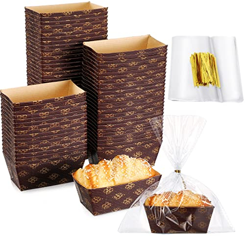 100 Stück Papier-Kastenform, 7.9x3.8x4.3 cm, Einweg-Papierbackform, mikrowellengeeignet, wiederverwendbar, transparente Kunststoff-Brotbeutel mit Bindebändern für Backwaren und Bäckerei