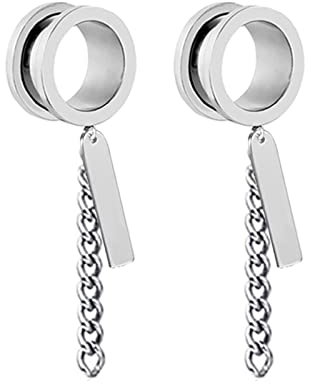 Gualiy 2 Stk Flesh Tunnel Titan, Tunnel Plug Ohr 10mm mit Kette und Rechteck Anhänger Silber Ohr Plug Tunnel