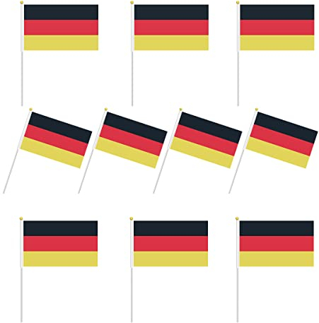 Jewloofa Lot de 10 drapeaux allemands de 21 x 14 cm, pôle blanc de 30 cm, drapeau national allemand/drapeau allemand pour jardin, bar, restaurant et décoration de fête, activités patriotiques