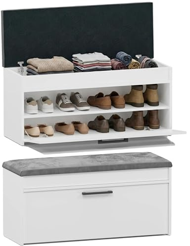 CDF Schuhschrank mit Sitzbank und Stauraum Flurbank Sitzkissen Schuhkommode Garderobenbank mit Kipptür Flurmöbel modern Aufbewahrung 100 x 35 x 49 cm - Weiß