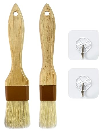 2 Pennelli da Pasticceria in Setola di Cinghiale, 2 Ganci, per Alimenti, Grill, Olio da Forno - Accessori da Cucina per Grigliare e Cuocere (2 Misure)