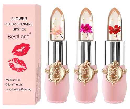 BestLand 3 Pcs/Set Flower Jelly Lipstick Set Temperature Change Moisturizer Long Lasting Nutritious Balm Magic Color Change Lip Gloss (3Pcs Flower Jelly Lipstick 010203)