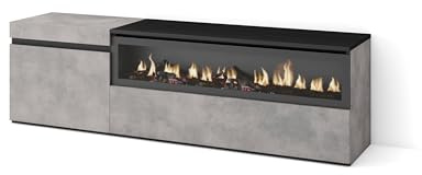 Skraut Home | Mueble TV | Televisión | Muebles de salón, almacenaje | 150x45x35cm | para TV hasta 65 | Chimenea eléctrica | Estilo Moderno | Cemento
