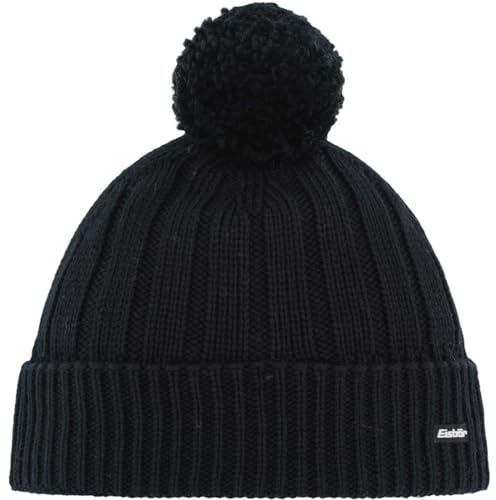 Eisbär Ayo Pompon Mütze schwarz – Wärmende Outdoor-Mütze mit Merino-Mix (mulesingfrei), Breiter Rippenstruktur, Nahtlosem Strick & Flauschigem Bommel – Perfekt für Damen & Herren im Winter