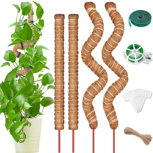 4 Pack Pflanzenstab Rankhilfe, Monstera Rankhilfe 70cm und 100cm, Biegbar Kokosfaser Moosstab Pflanzstab Stab für Kletterpflanzen Natürlicher Pflanzenstütze mit Zubehör