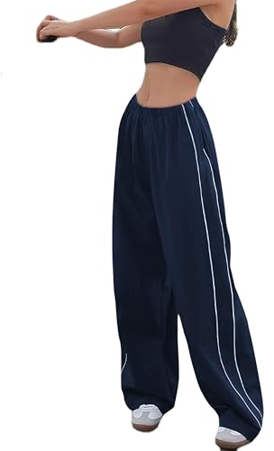 Imuedaen Track Pants Damen Parachute Pants Y2k Hosen Baggy Cargohose Weites Bein Track Pants Vintage Baggy Hosen für Frauen Streetwear Elastische Taille Freizeithose Pants (A Marine, XS-1)