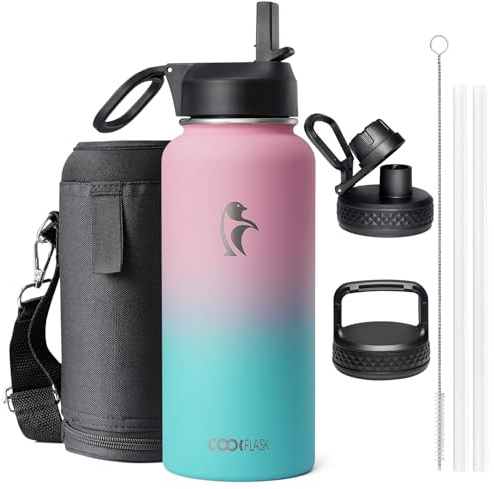 Coolflask Insulated Water Bottle 1L, Stainless Steel Insulated Water Bottle with Straw & 3 Lids, Double Vacuum Leak Proof Cold and Hot Water Bottle, Sturdiness and Easy to Clean, Bubble Gum