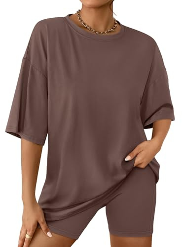 AUTOMET Spring Outfits for Women Summer Fahsion Women 2 Piece Sets Summer Outfits 2026 Fashion Two Piece Lounge Set Matching Clothing Oversized Shirts Biker Short Tracksuit Brown L