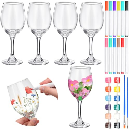 Pickmesh 4 Sets Crafts Gift Paint Your Own Wine Glass 15 oz Painting 12 Pcs DIY Markers 12 Colors Acrylic Paint with Brushes to Design Your Own Personalized Craft(High Feet)