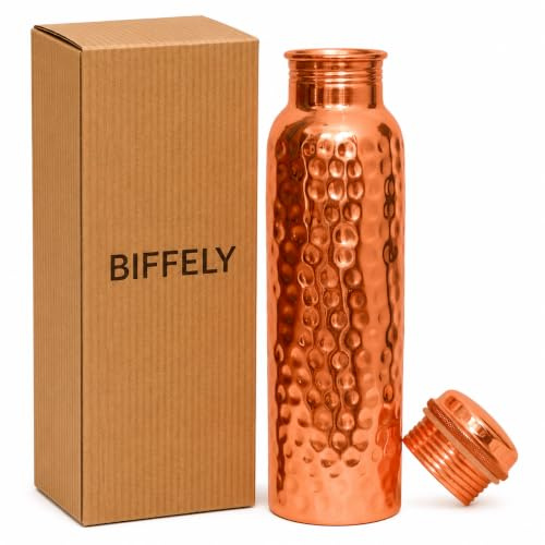 BIFFELY Copper Water Bottle - 34OZ - Handcrafted Ayurvedic 100% Pure Copper Water Bottle for Drinking |Men & Women| Leak-Proof Lid BPA Free Non-Insulated & Eco Friendly for Sport & Travel