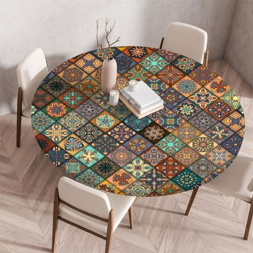 Highdi 3D Elastische Tischdecke Rund Abwaschbar, Spanntischdecke Rund Gartentischdecke Outdoor Round Tischdecke mit Gummizug für Esszimmer, Küche und Picknick (Kaleidoskop D,80cm)
